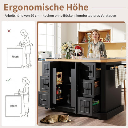 Mobile Kücheninsel mit Arbeitsplatte | 2 Türen & 6 Schubladen Schwarz