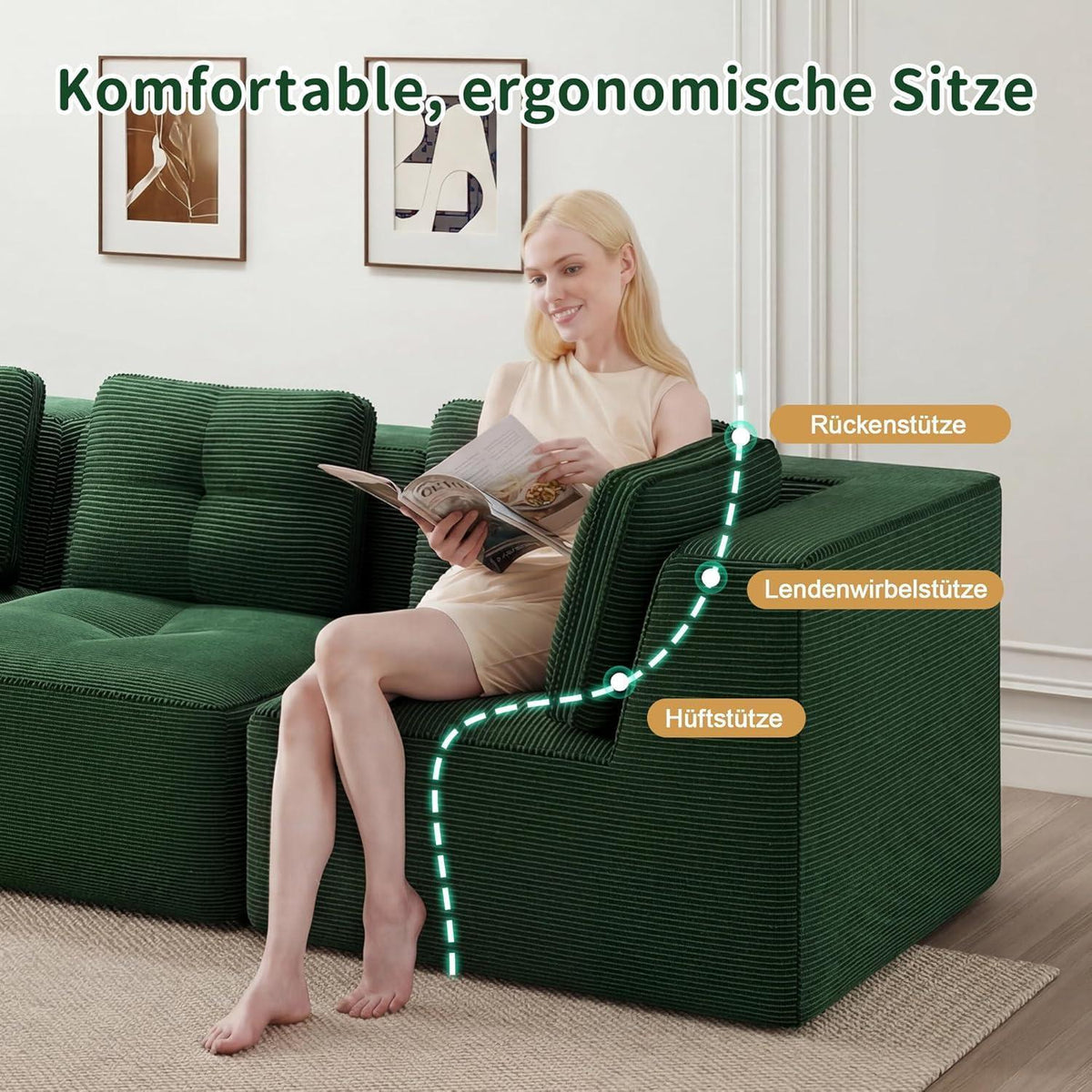 Modulares Ecksofa Grün – Cord, Tiefes Sitzgefühl, Kein Aufbau
