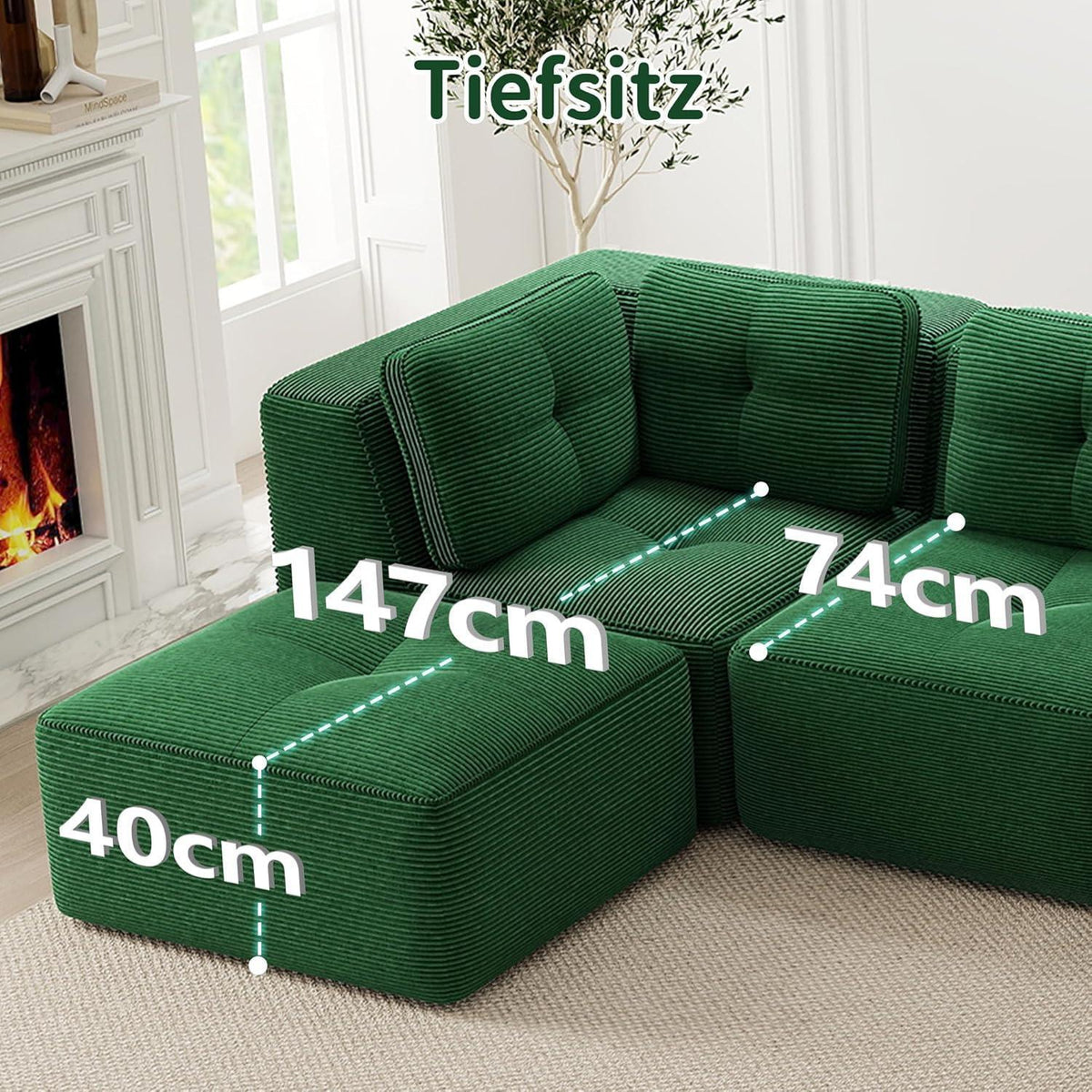 Modulares Ecksofa Grün – Cord, Tiefes Sitzgefühl, Kein Aufbau