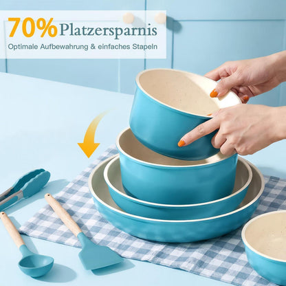 Granit Topfset 21-teilig mit Abnehmbarem Griff – Blauer Farbverlauf