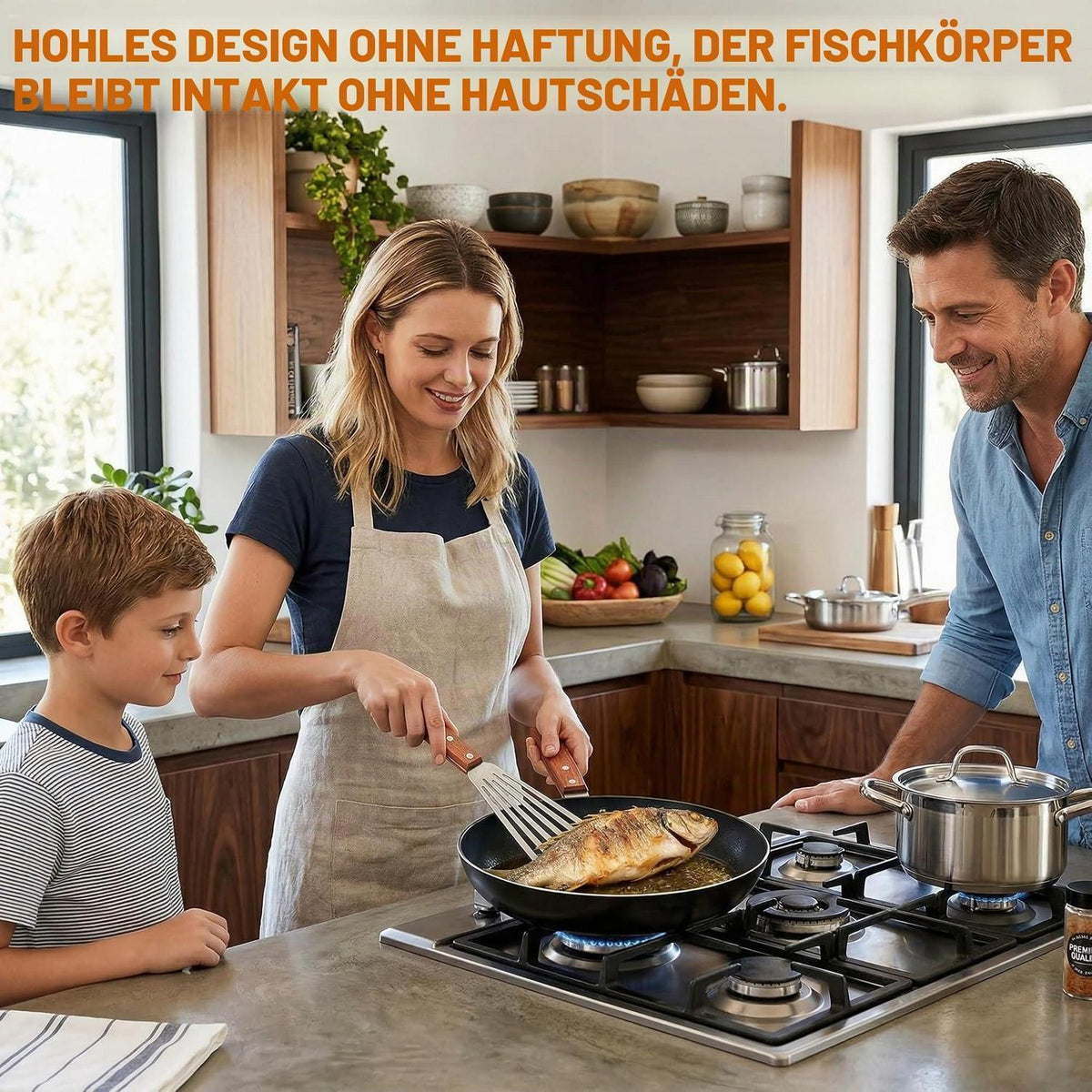 Edelstahl Pfannenwender mit Holzgriff und Schlitzen
