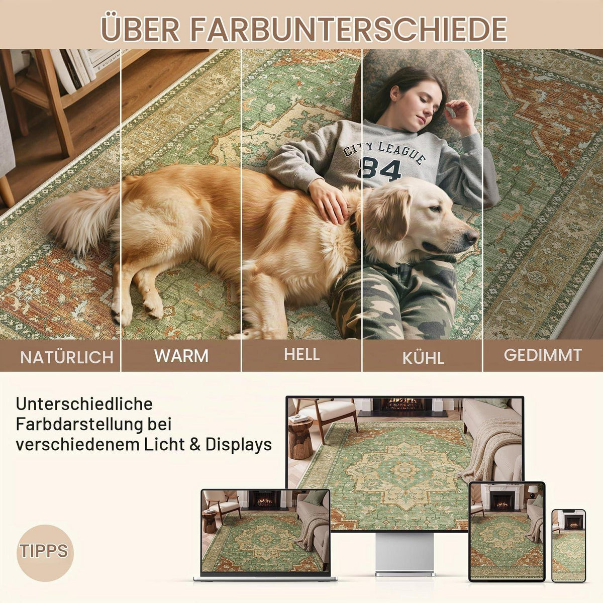 Vintage Teppich Wohnzimmer 160x230cm Rotgrün Waschbar