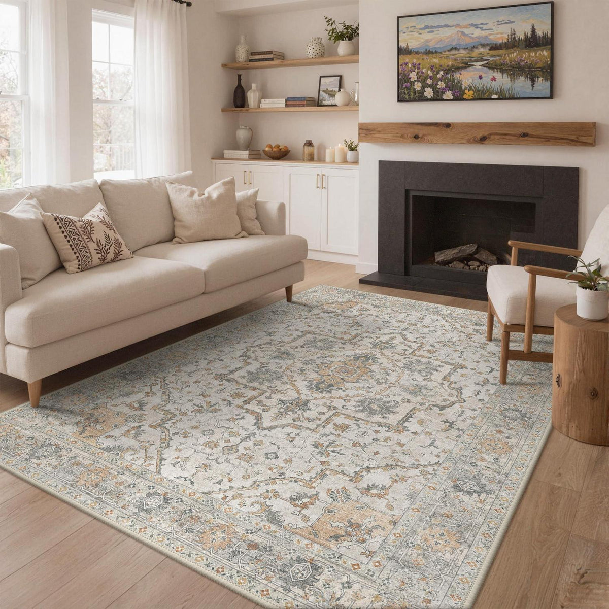 Vintage Teppich Wohnzimmer 160x230cm Taupe – Waschbar & Rutschfest