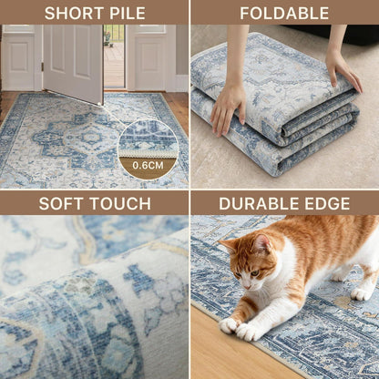 Vintage Teppich Waschbar 160x230cm Hellblau – Wohnzimmer Teppich