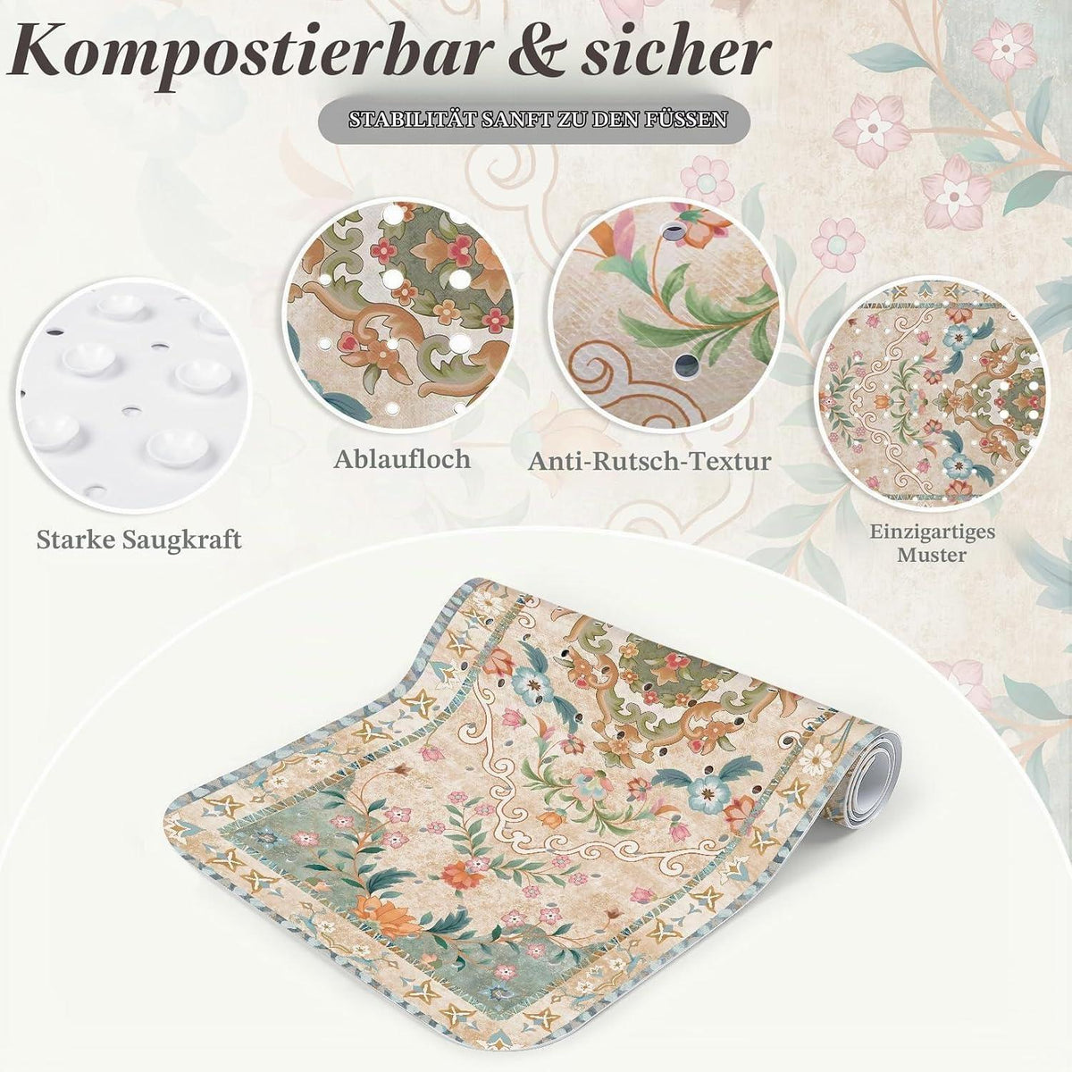 Rutschfeste Badewannenmatte Beige Boho 100x40 cm