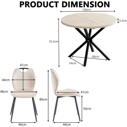 Runder Esstisch Set 100cm mit 4 Samtstühlen – Gelb & Beige