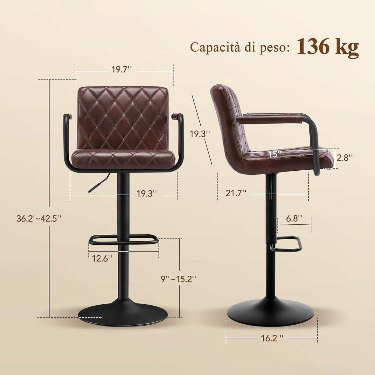 Barhocker Set 4er – Höhenverstellbar & 360° Drehbar Dunkelbraun