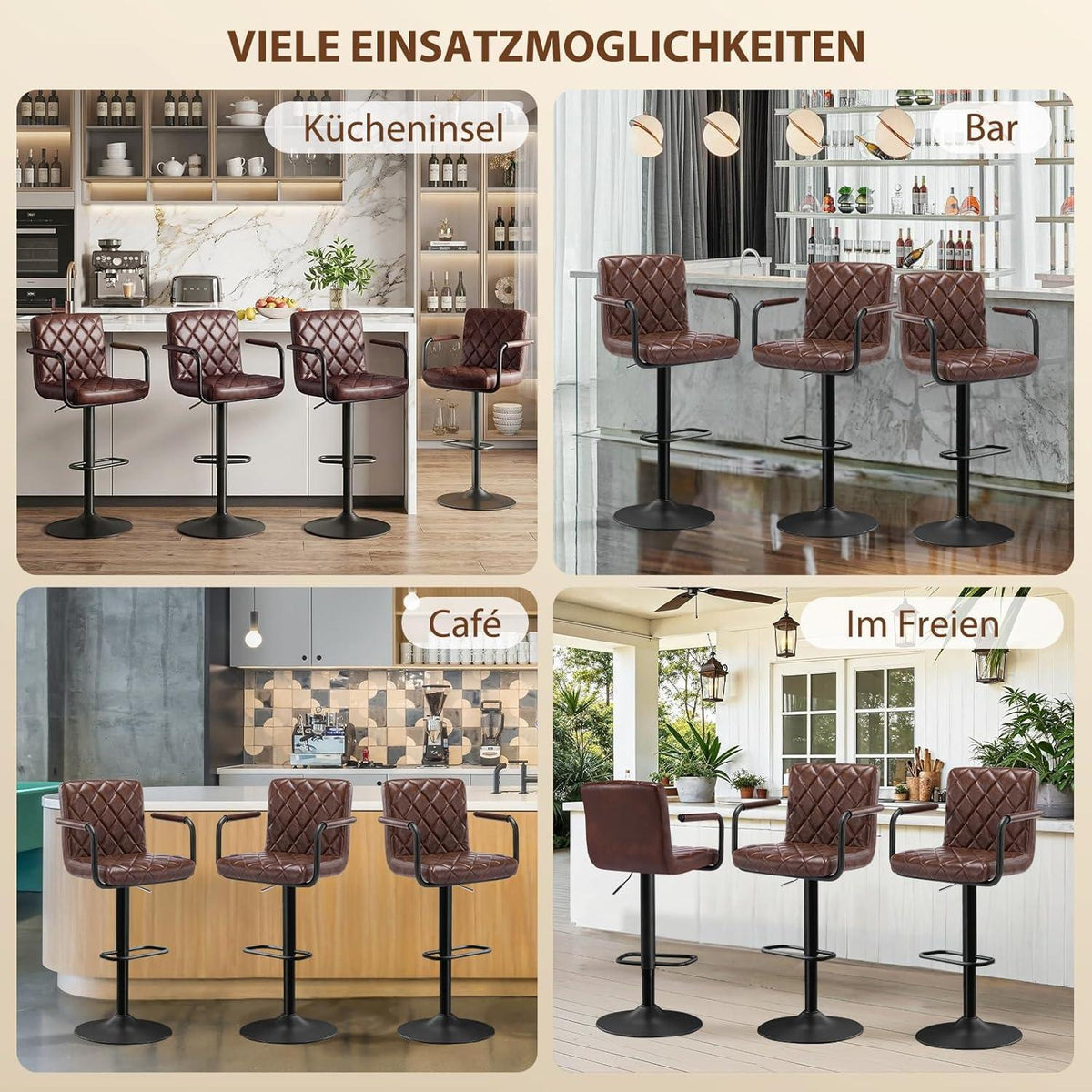 Barhocker Set 4er – Höhenverstellbar & 360° Drehbar Dunkelbraun