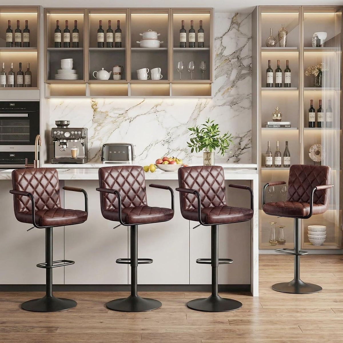 Barhocker Set 4er – Höhenverstellbar & 360° Drehbar Dunkelbraun