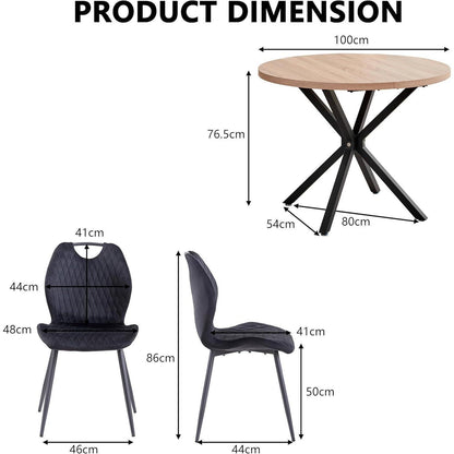 Runder Esstisch Set 100cm mit 4 Samtstühlen – Modern & Komfortabel