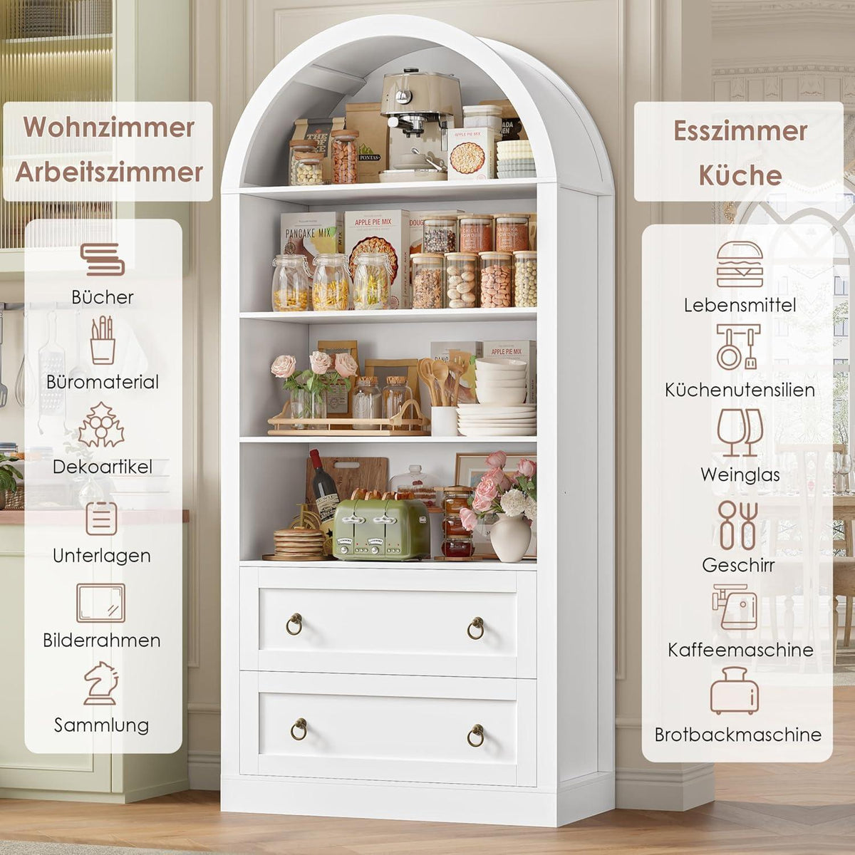 Bücherregal mit 2 Schubladen & Gewölbe – Weißes Hochschrank Möbel