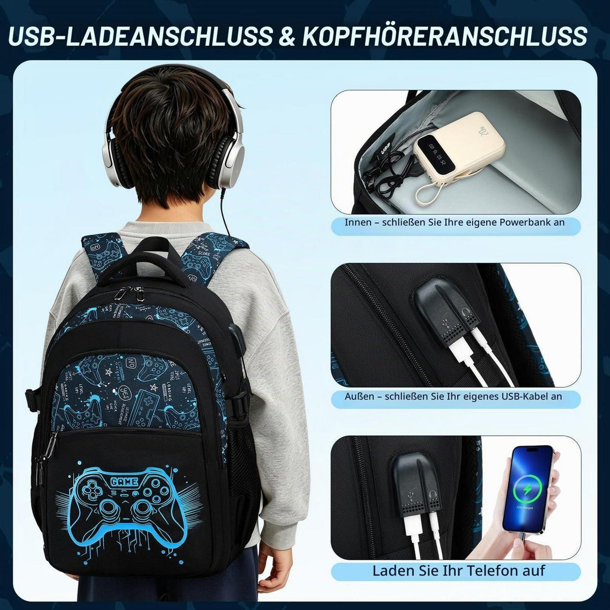 Schulrucksack Jungen Set Blau Spiel – Rucksack + Federmäppchen