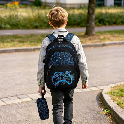 Schulrucksack Jungen Set Blau Spiel – Rucksack + Federmäppchen