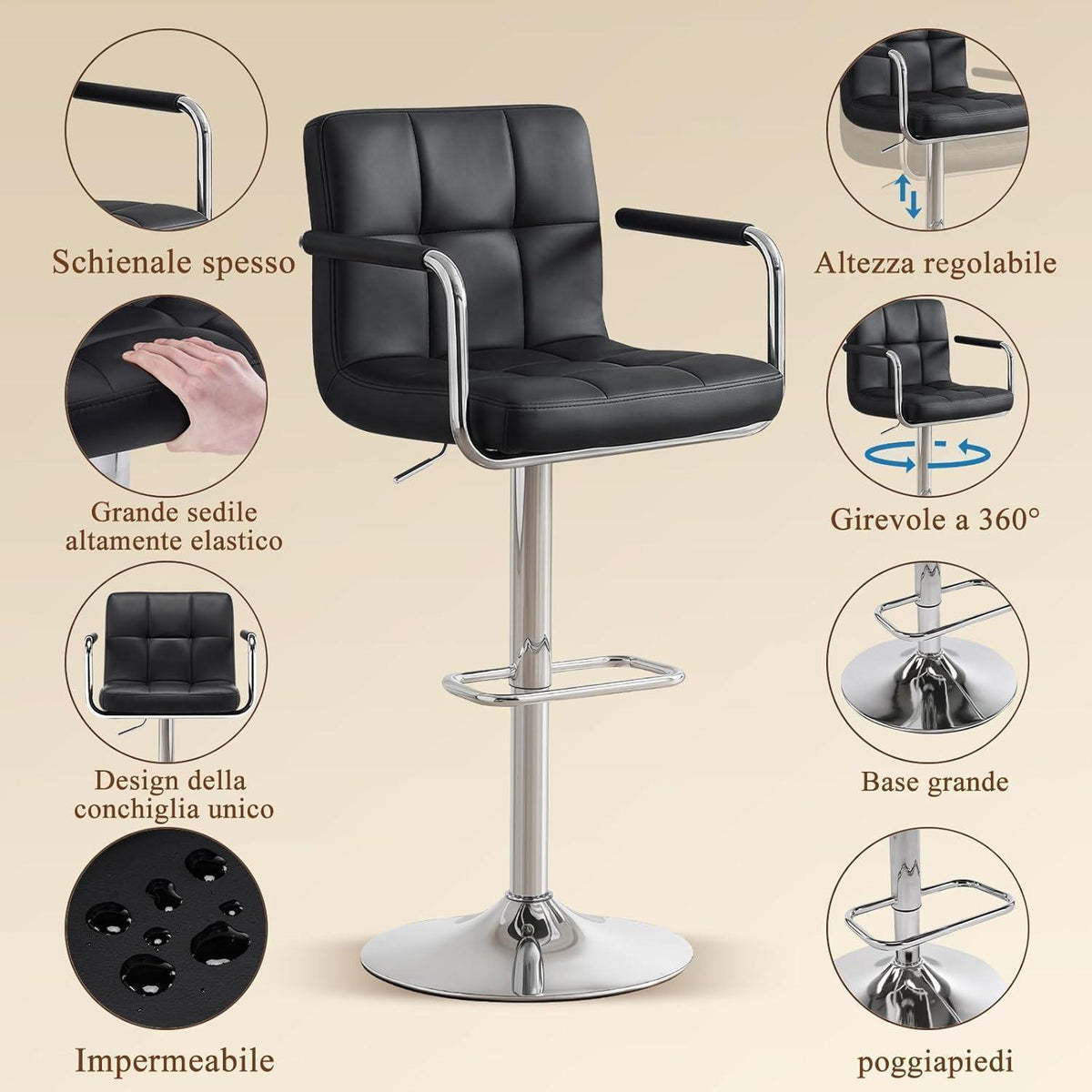 Barhocker Set 2x, Höhenverstellbar, Schwarz in Lederoptik