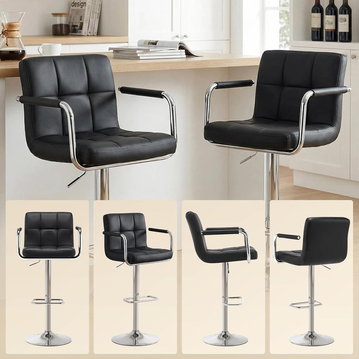Barhocker Set 2x, Höhenverstellbar, Schwarz in Lederoptik