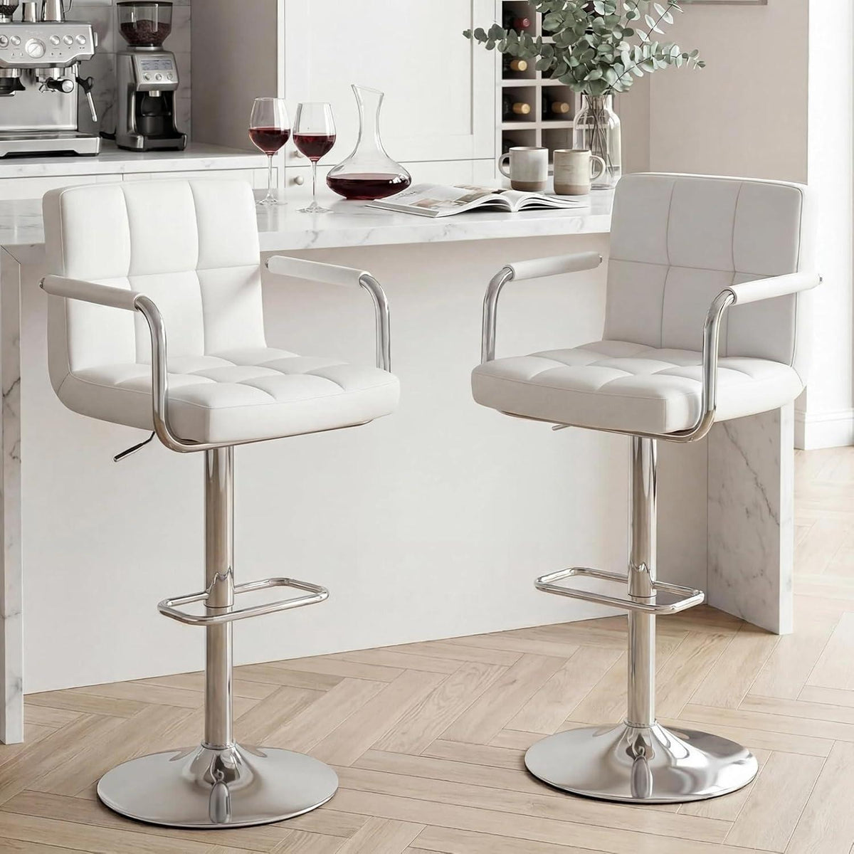 Barhocker Set 2er – Höhenverstellbar, Weiß, PU-Leder