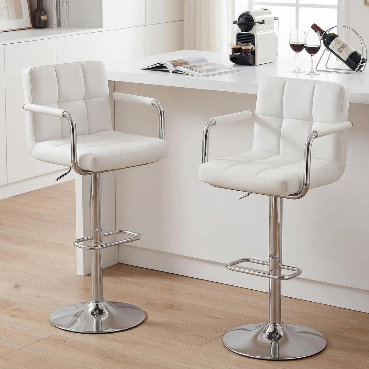 Barhocker Set 2er – Höhenverstellbar, Weiß, PU-Leder