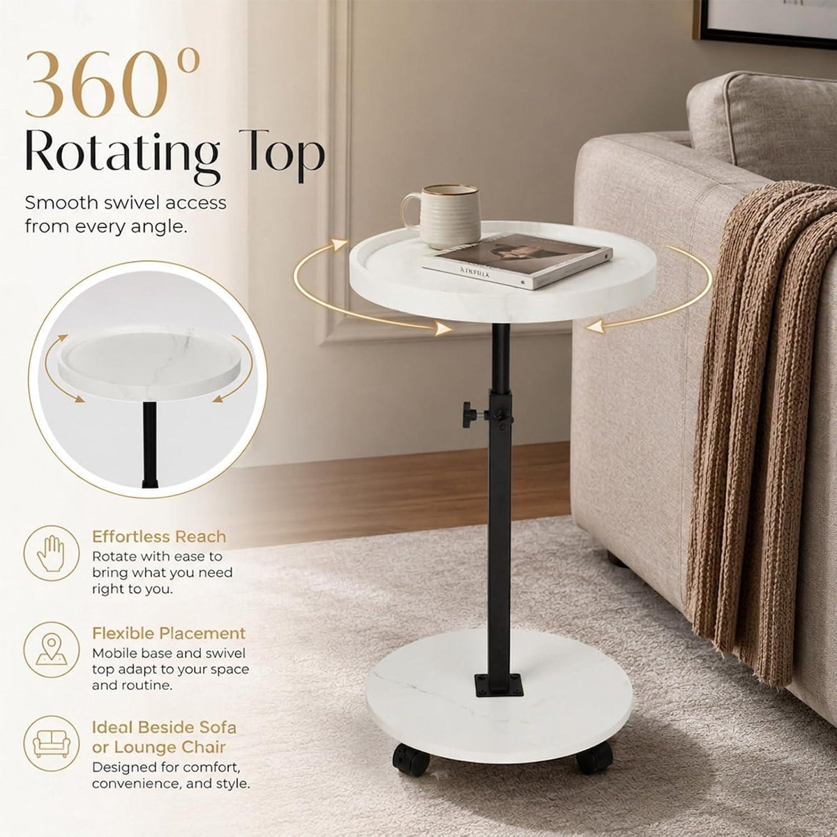 Runder Beistelltisch mit Rollen & Höhenverstellung (45-80cm)