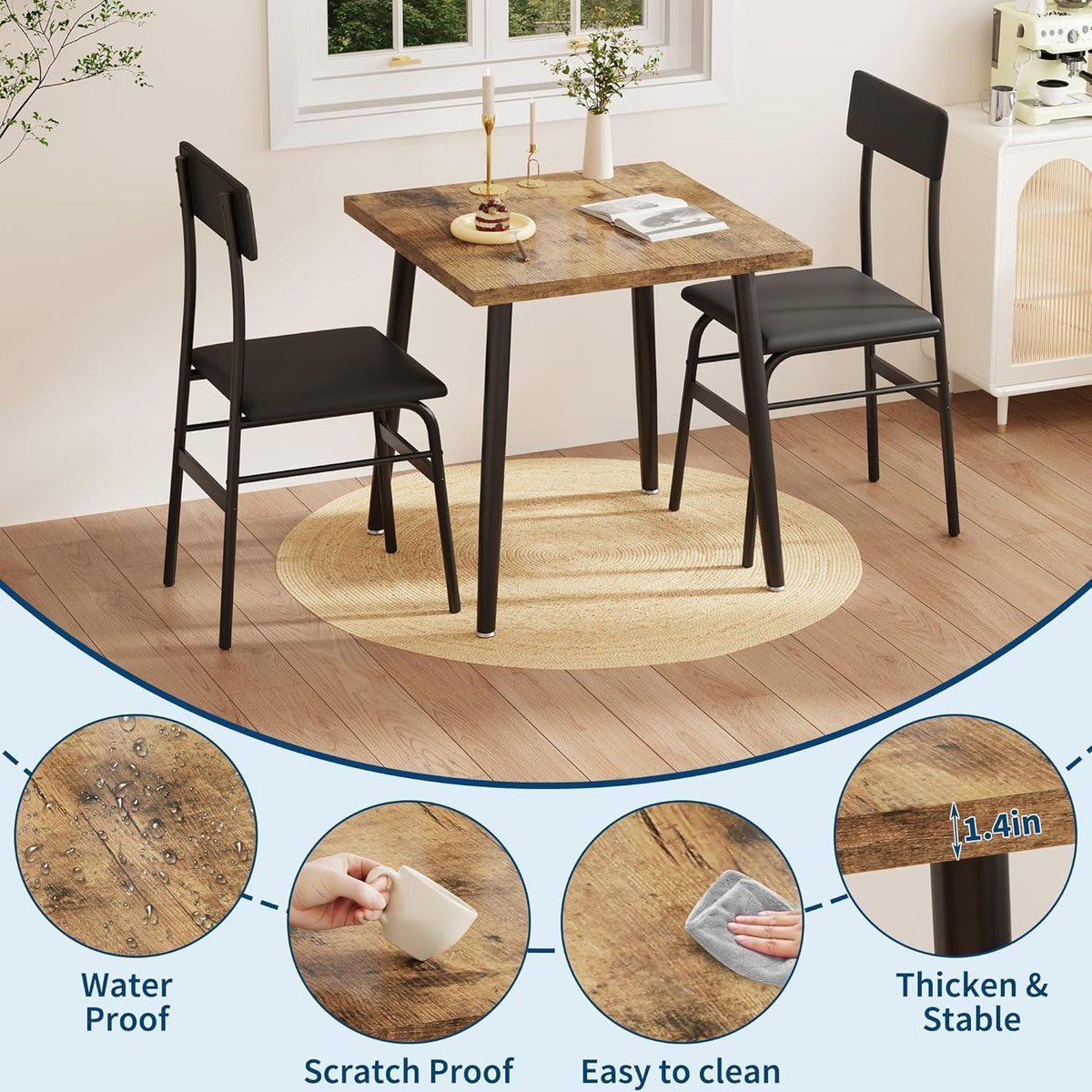 3-teiliges Esszimmer-Set für 2 Personen – Küchentisch & Stühle
