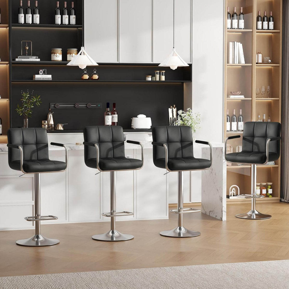 Barhocker Set 4er – Höhenverstellbar, Schwarz in Lederoptik