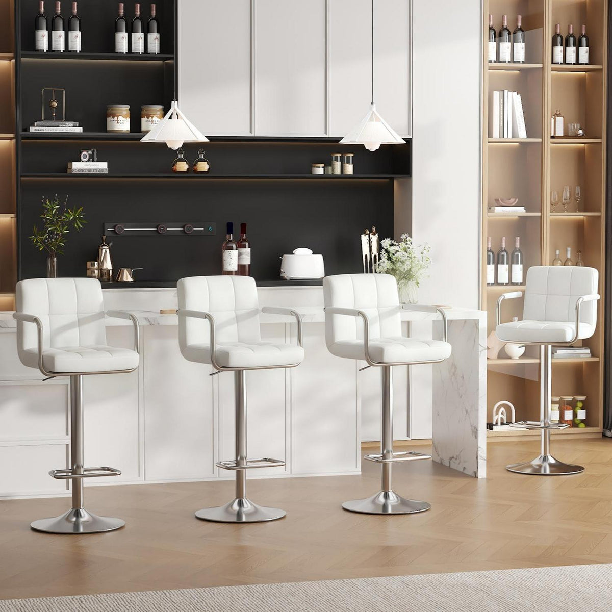 Barhocker Set 4er – Höhenverstellbar, Weiß in Lederoptik