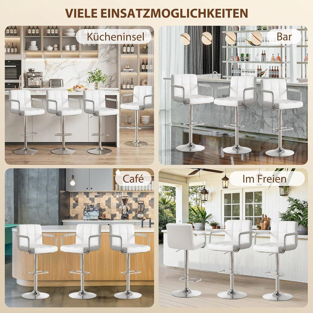 Barhocker Set 4er – Höhenverstellbar, Weiß in Lederoptik