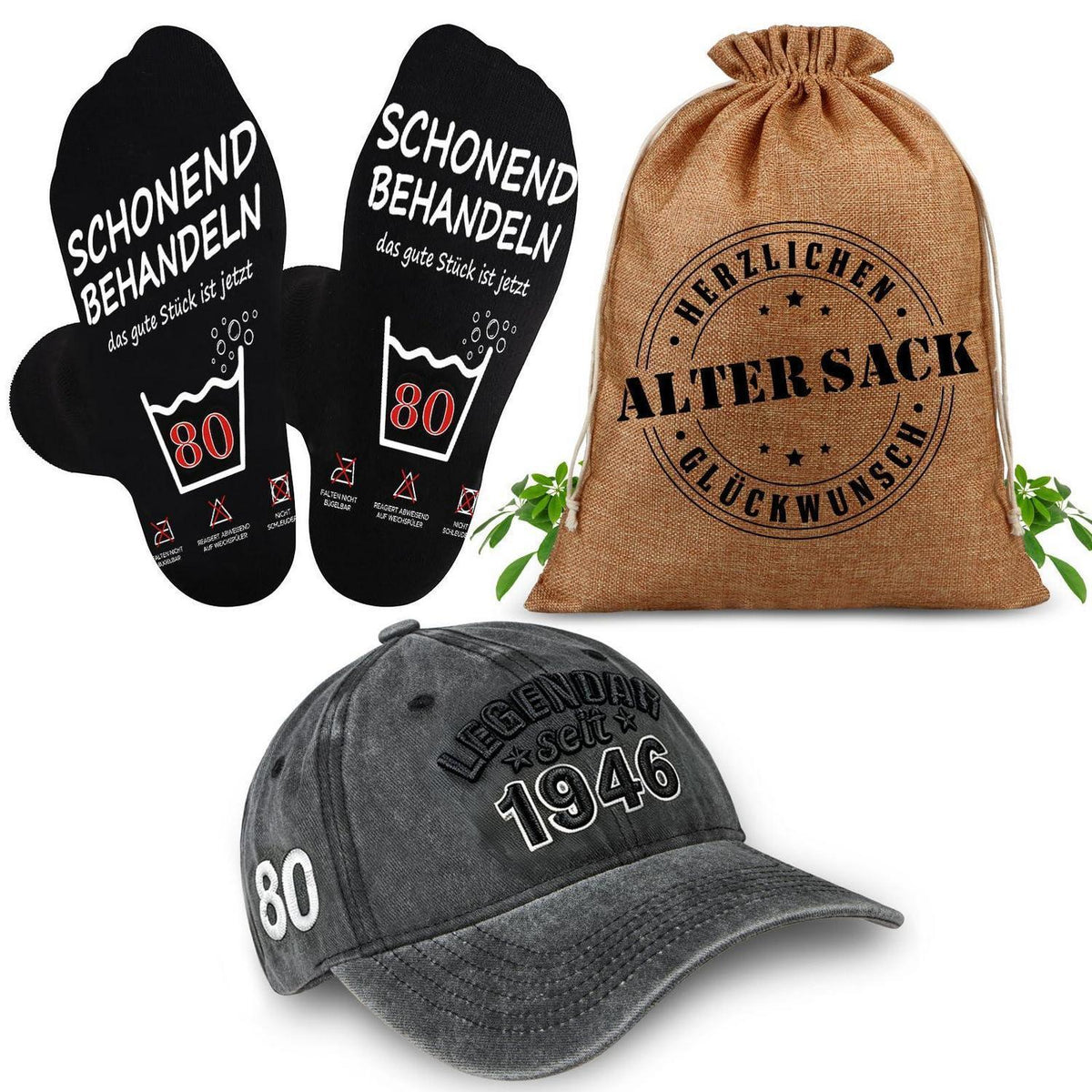 Geschenkset 80. Geburtstag Mann: Alter Sack mit Cap & Socken