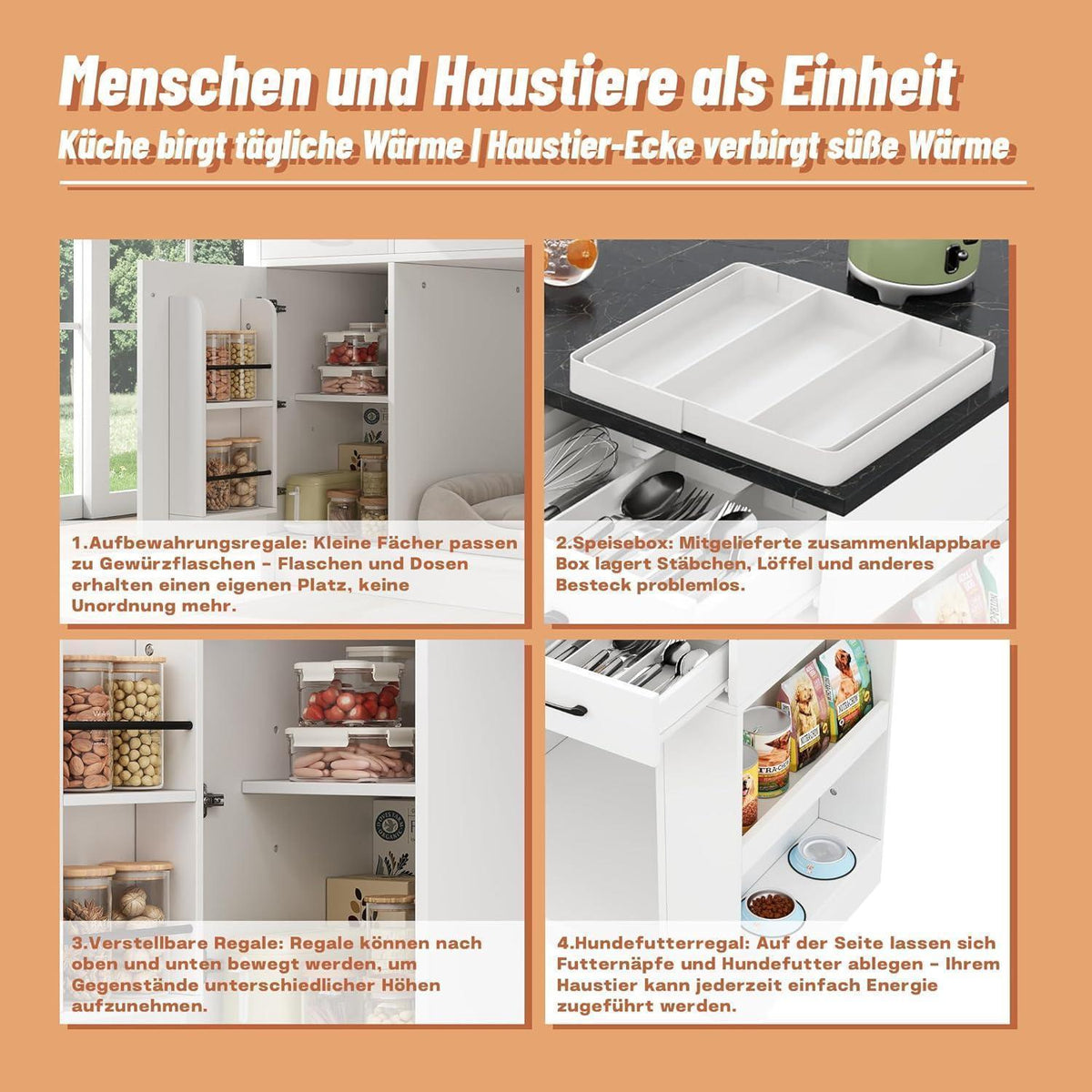 Kücheninsel mit Schubladen & Haustierbereich – Weiß