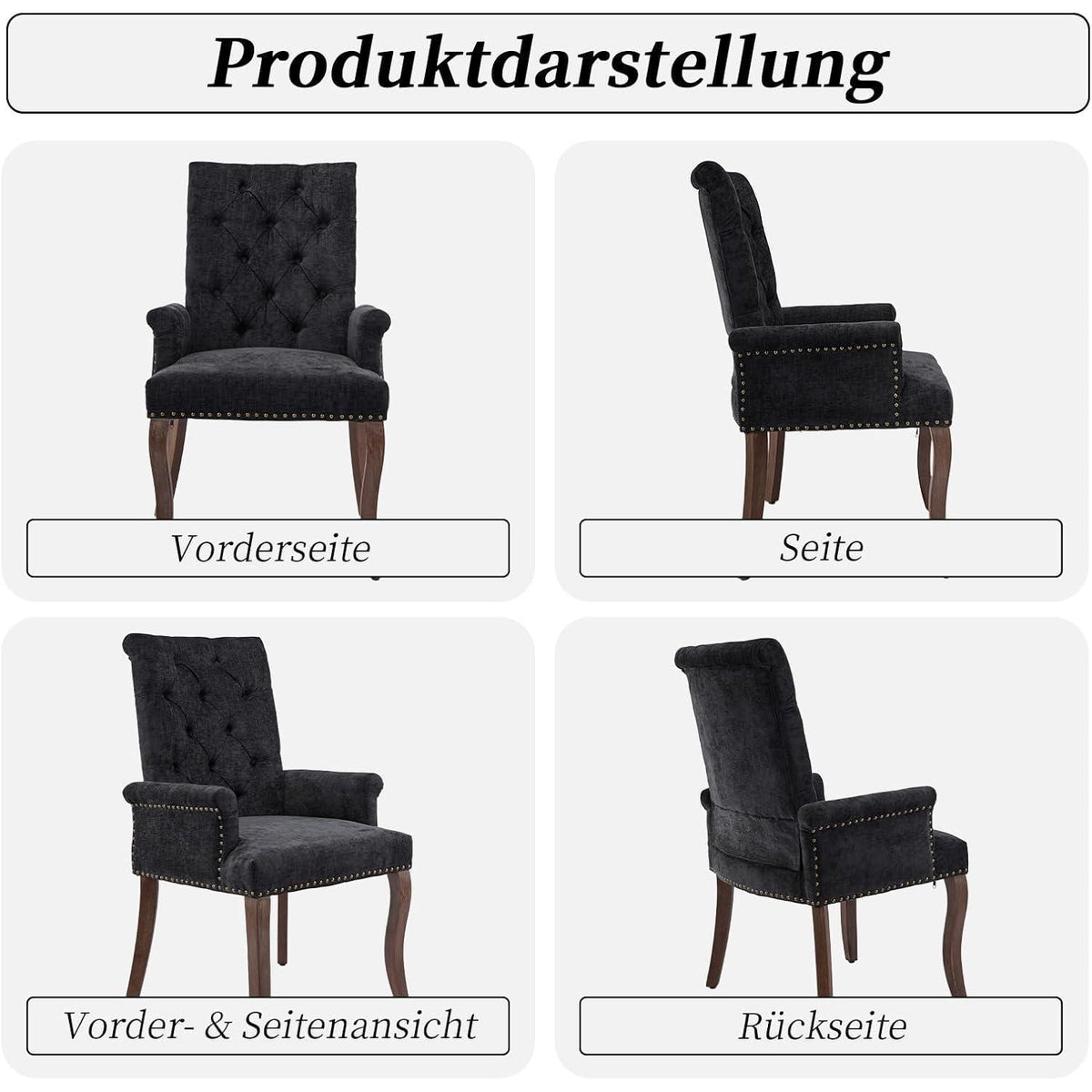 Schwarzer Esszimmerstuhl Set (4x) mit Armlehne & Chenille