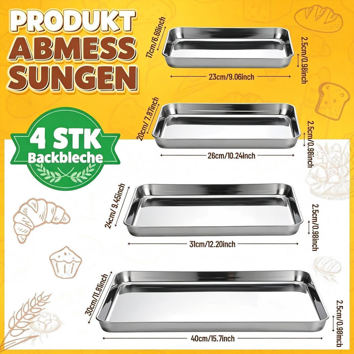 Edelstahl Backblech Set 4er – Rechteckige Kuchenformen 23-40cm