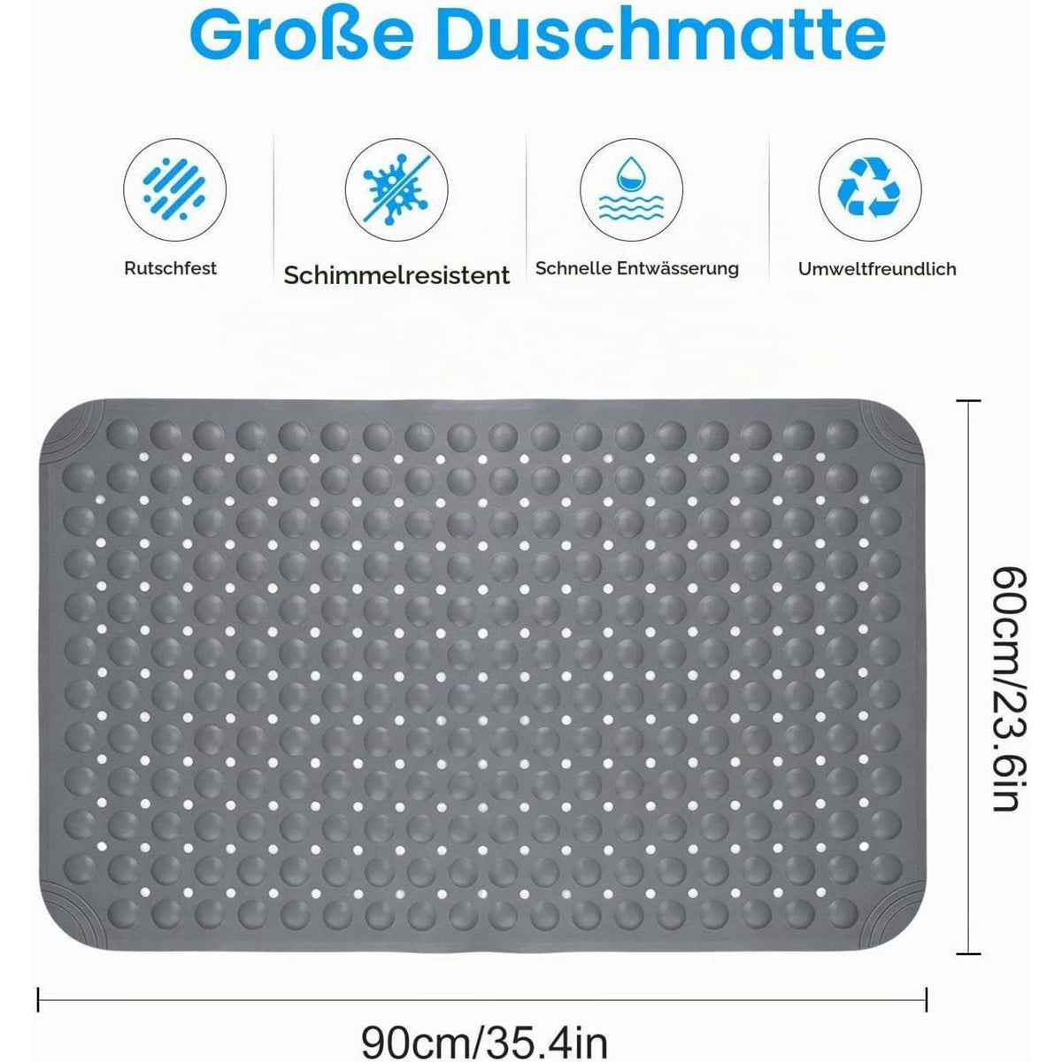 Rutschfeste Duschmatte Grau 60x90cm – Antibakteriell & Schimmelresistent