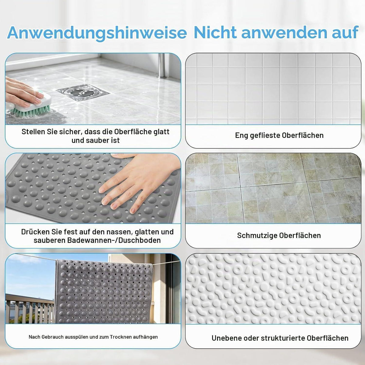 Rutschfeste Duschmatte Grau 60x90cm – Antibakteriell & Schimmelresistent