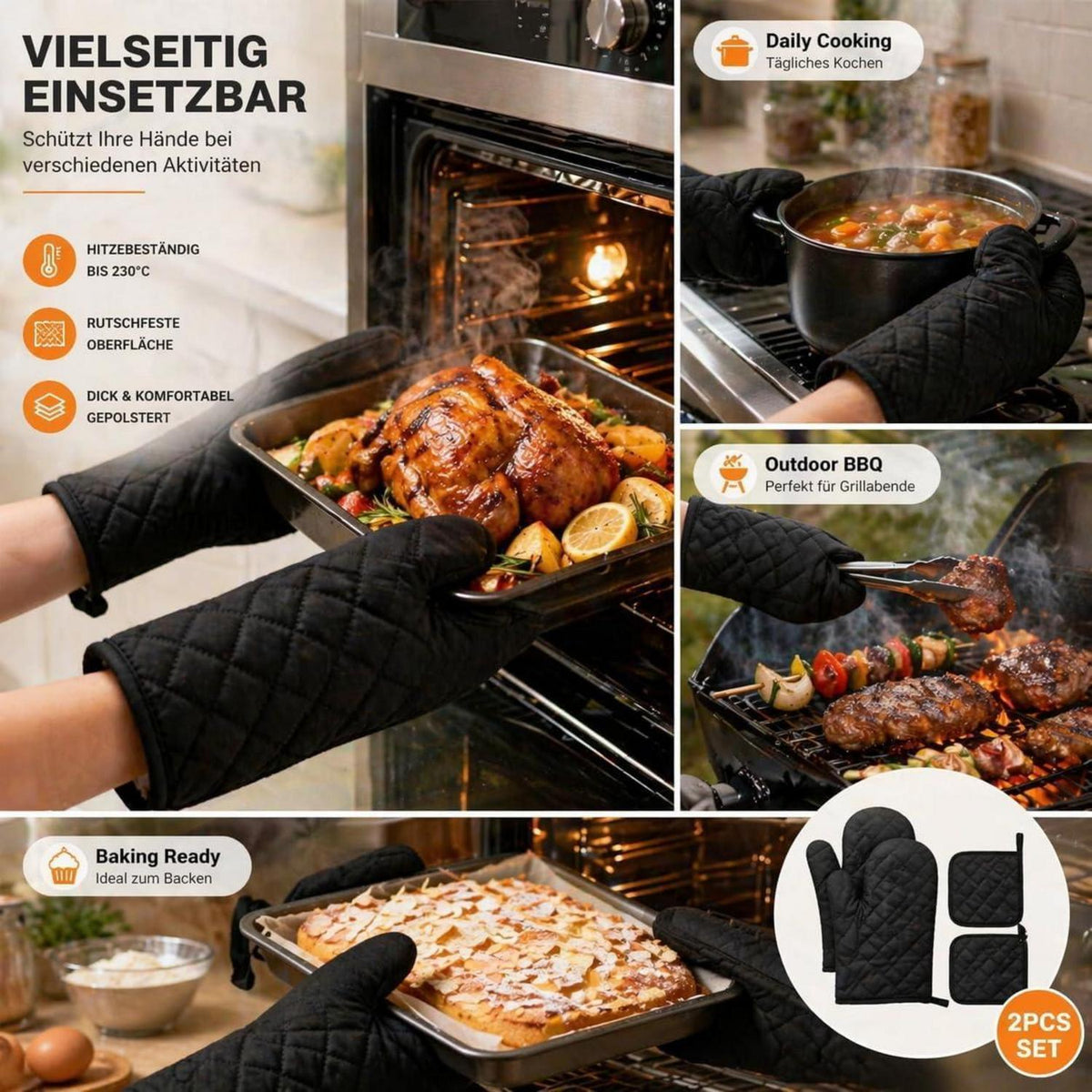 Ofenhandschuhe Set mit Topflappen – Hitzebeständig & Rutschfest