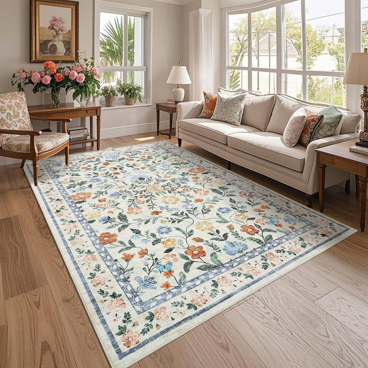 Waschbarer Teppich Floral Grün 140x200 cm – Rutschfest & Pflegeleicht