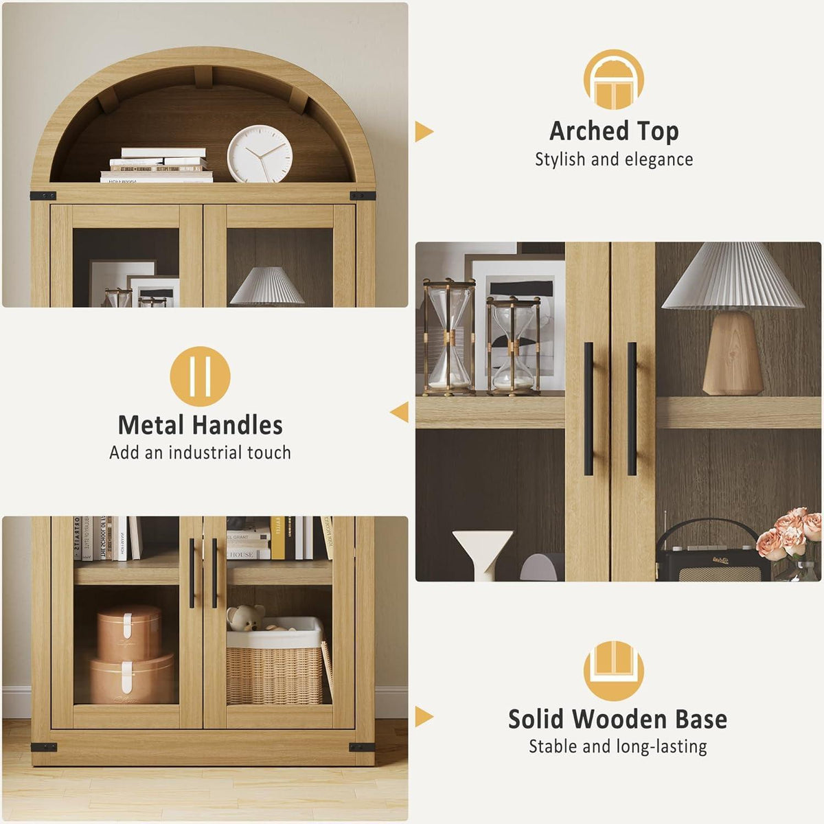 Gewölbte Glasvitrine mit 5 Regalen – Holzfarbe