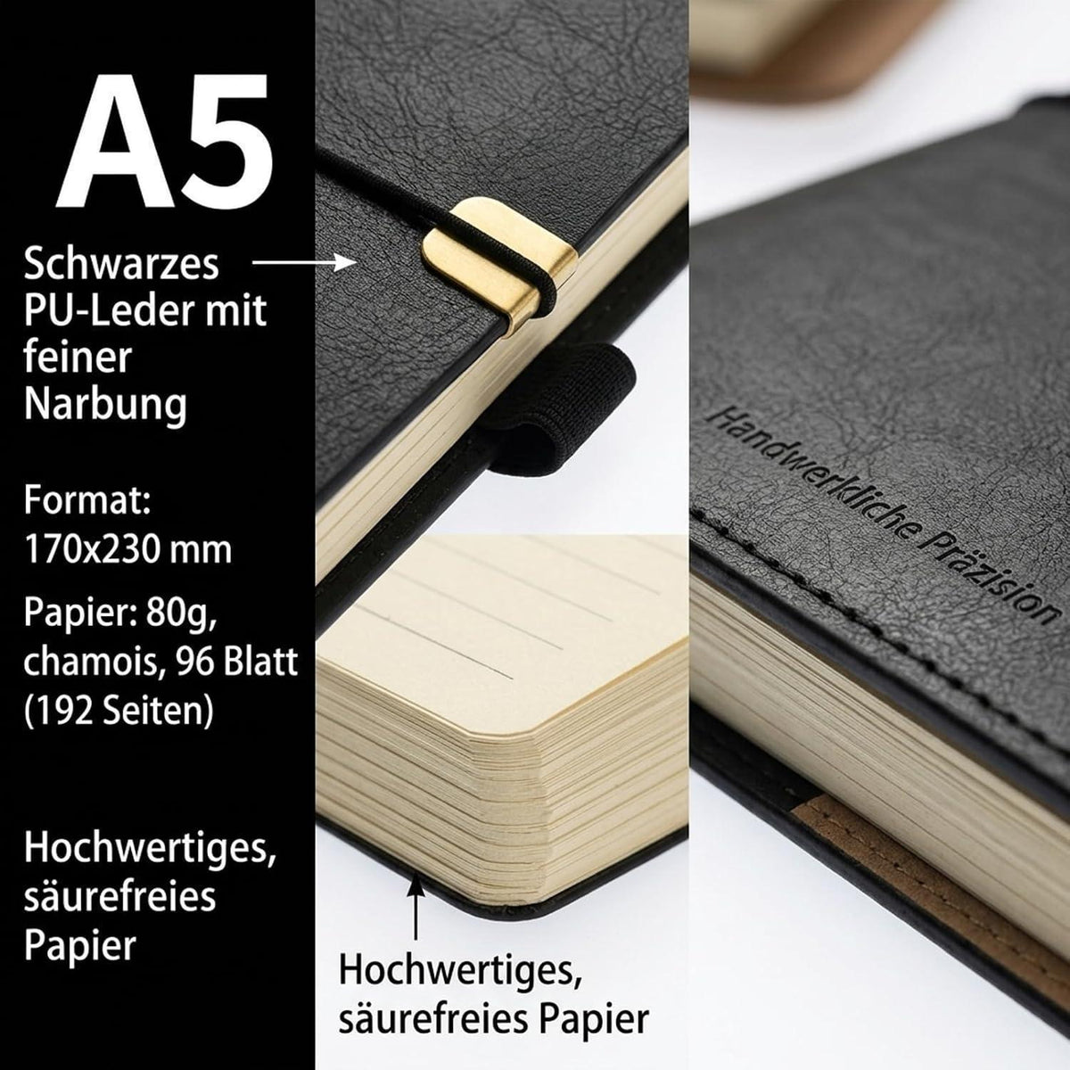 A5 Notizbuch mit Ringband und Bindeband – Schwarz