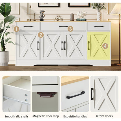 Modernes weißes Sideboard mit Holztischplatte | Multifunktionsschrank