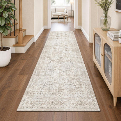 Vintage Teppich Läufer 60x240 cm Beige | Waschbar & Rutschfest