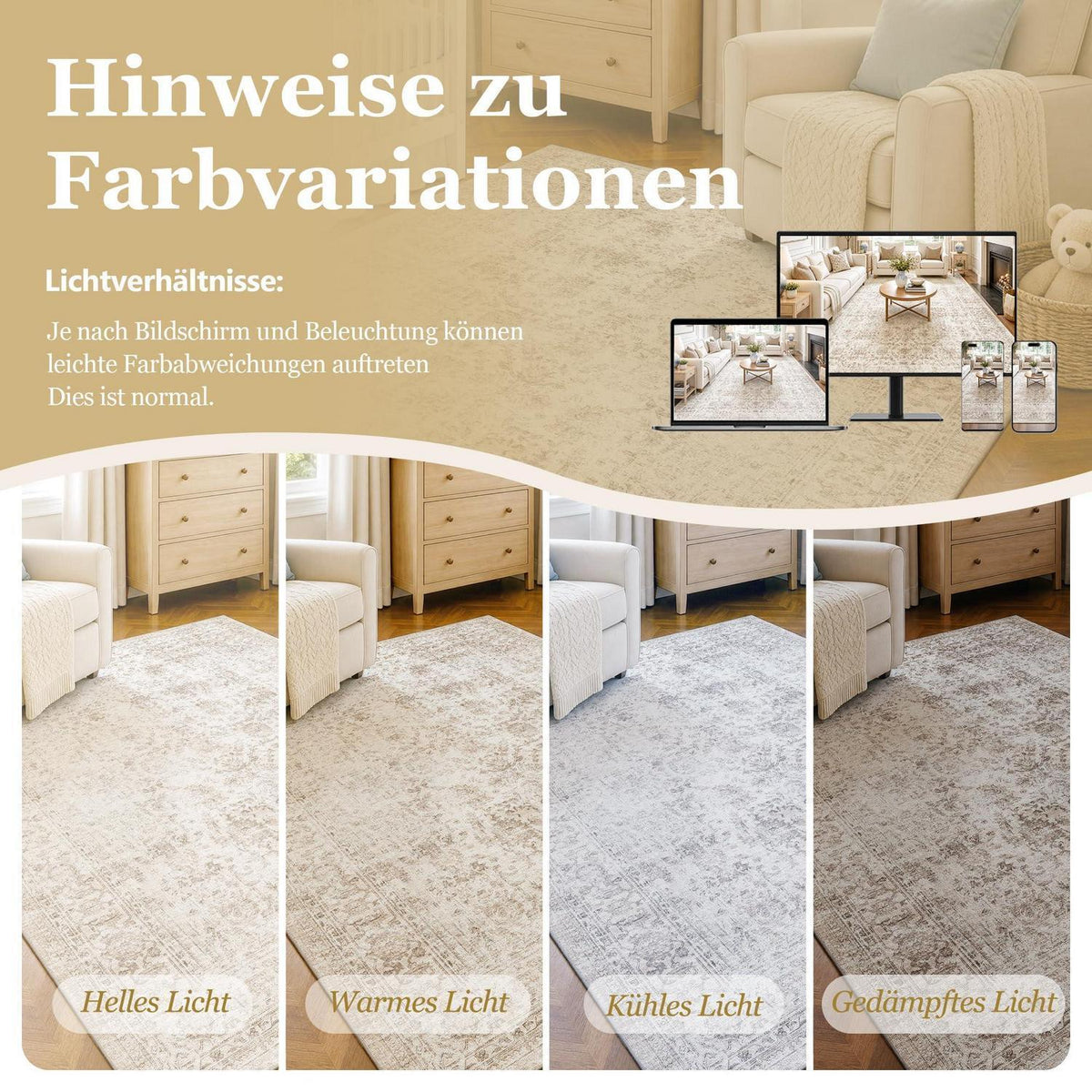 Vintage Teppich Läufer 60x240 cm Beige | Waschbar & Rutschfest