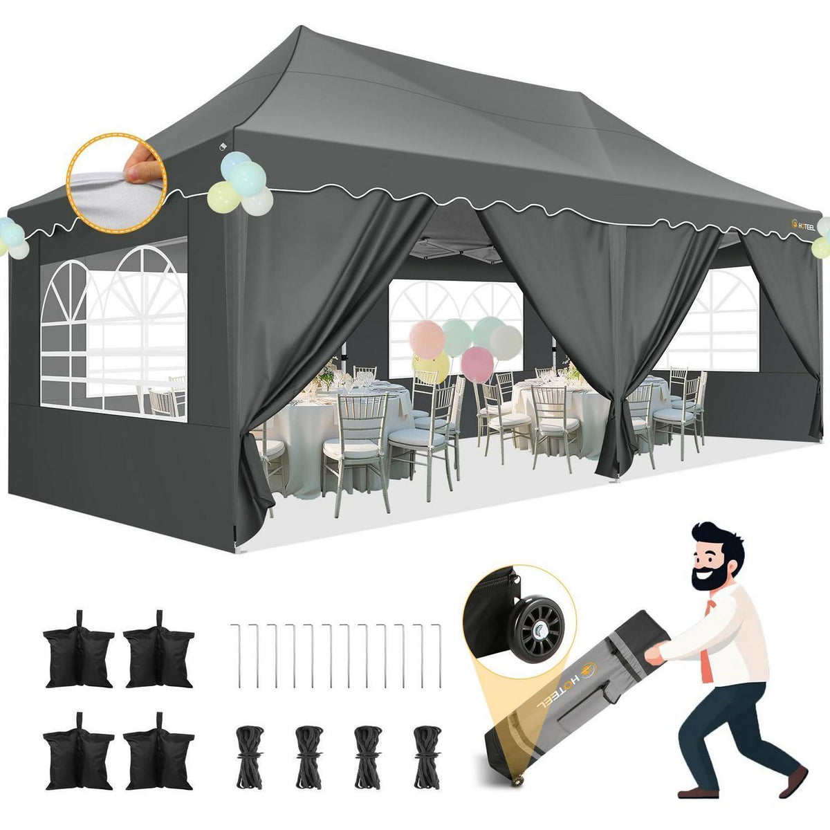 Faltpavillon 3x6m wasserdicht mit 6 Seitenwänden – Grau