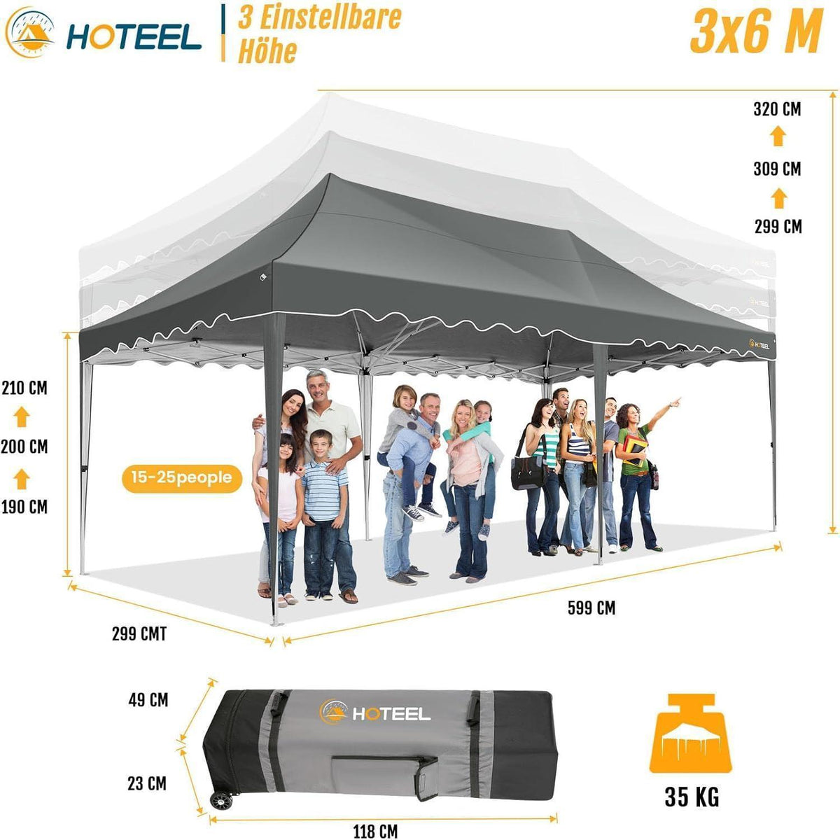 Faltpavillon 3x6m wasserdicht mit 6 Seitenwänden – Grau