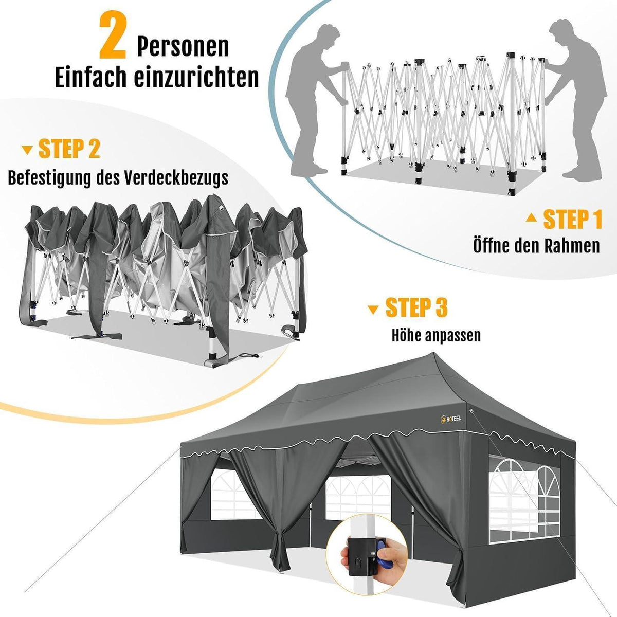 Faltpavillon 3x6m wasserdicht mit 6 Seitenwänden – Grau