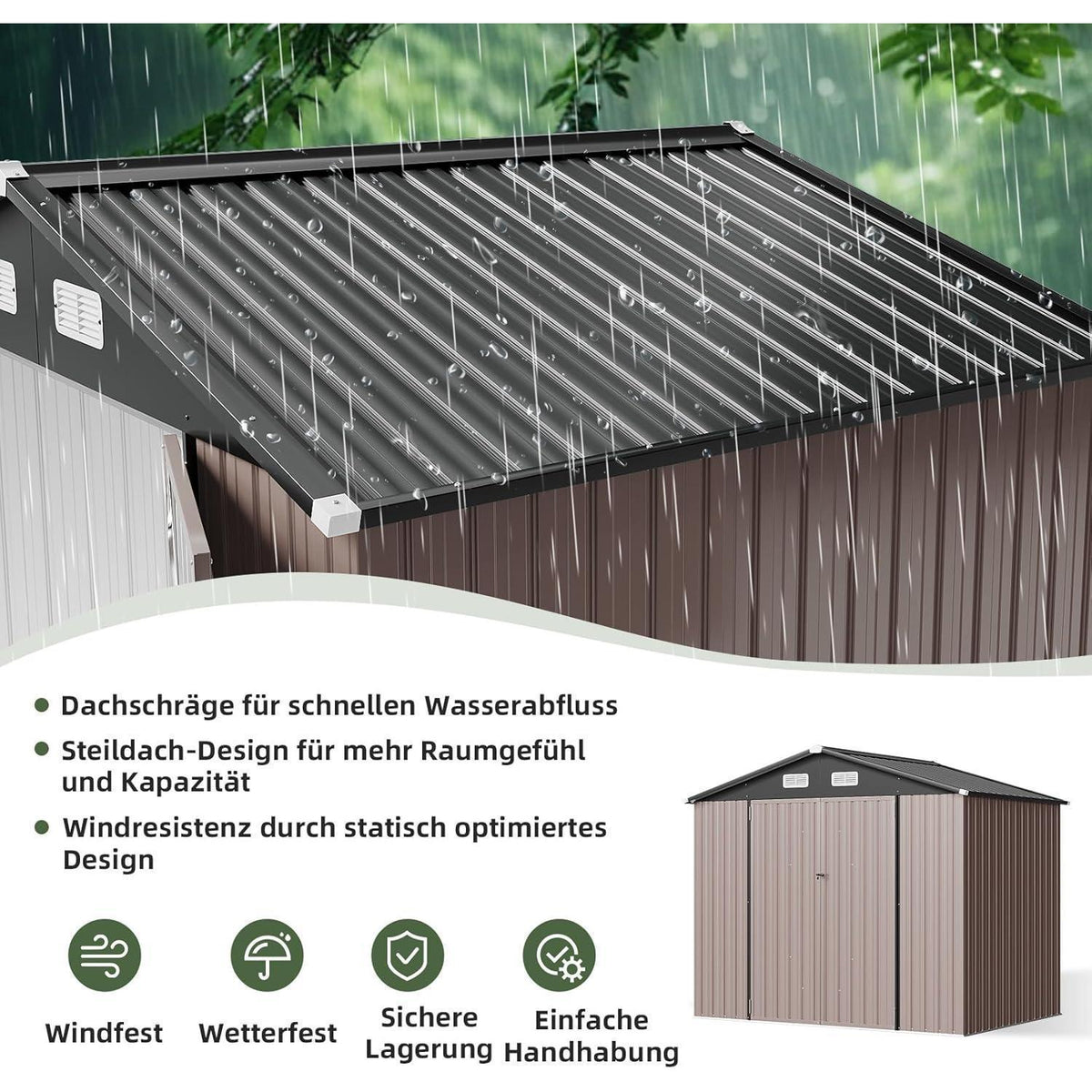 Großer Metall-Gartenschuppen 8x6ft mit Doppeltür & Satteldach