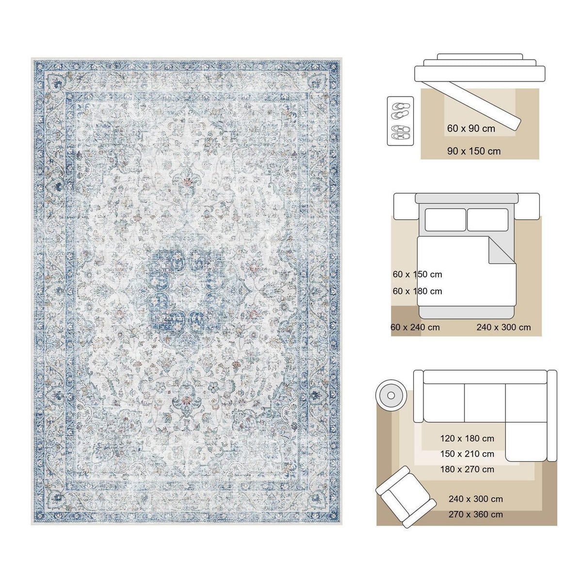 Waschbarer Vintage Teppich Blau 200x300 cm