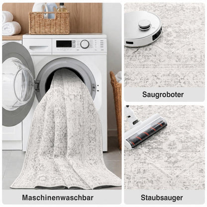 Waschbarer Vintage Teppich Grau 200x300 cm – Wohnzimmer Schlafzimmer