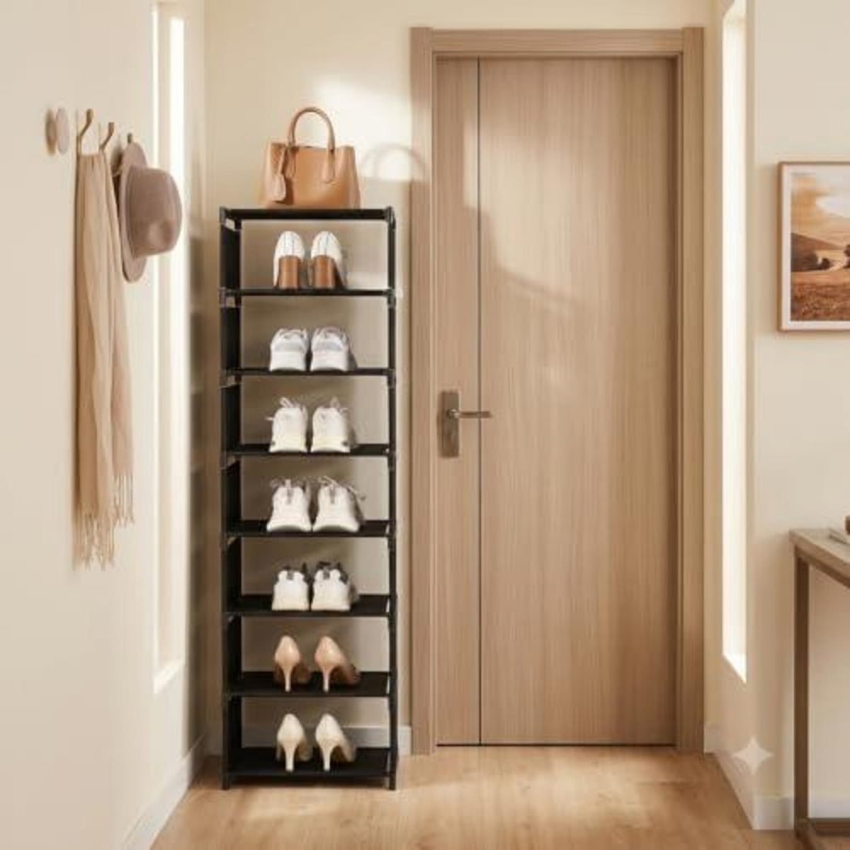 Schuhregal schmal & hoch | 8 Ebenen, Schwarz | Langlebig & einfach aufzubauen