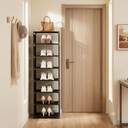 Schuhregal schmal & hoch | 8 Ebenen, Schwarz | Langlebig & einfach aufzubauen