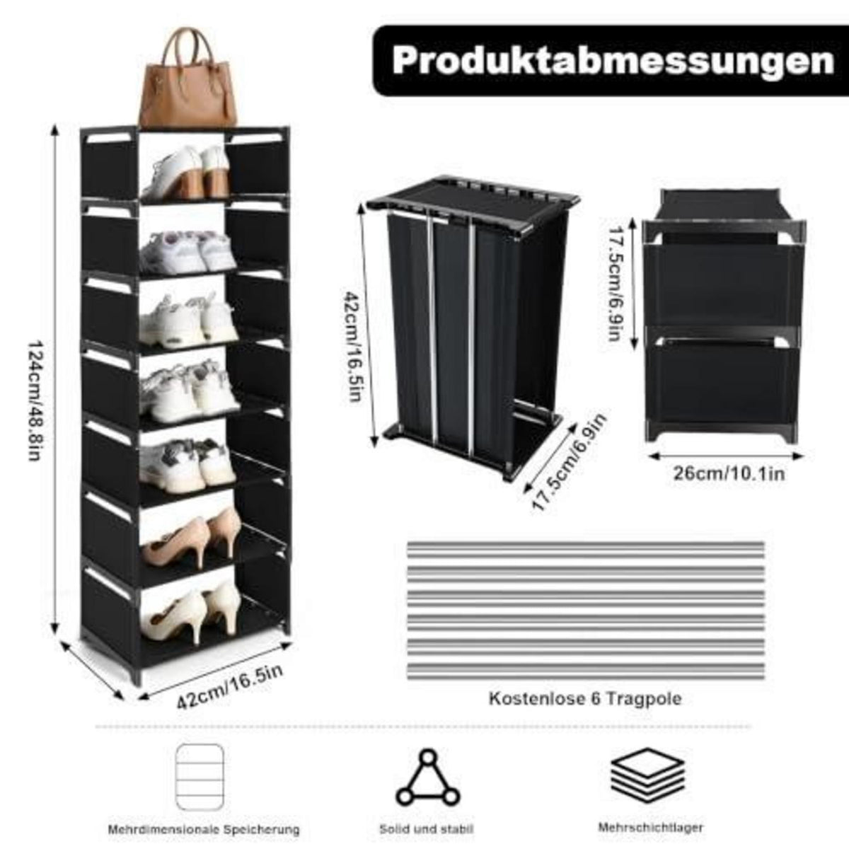 Schuhregal schmal & hoch | 8 Ebenen, Schwarz | Langlebig & einfach aufzubauen