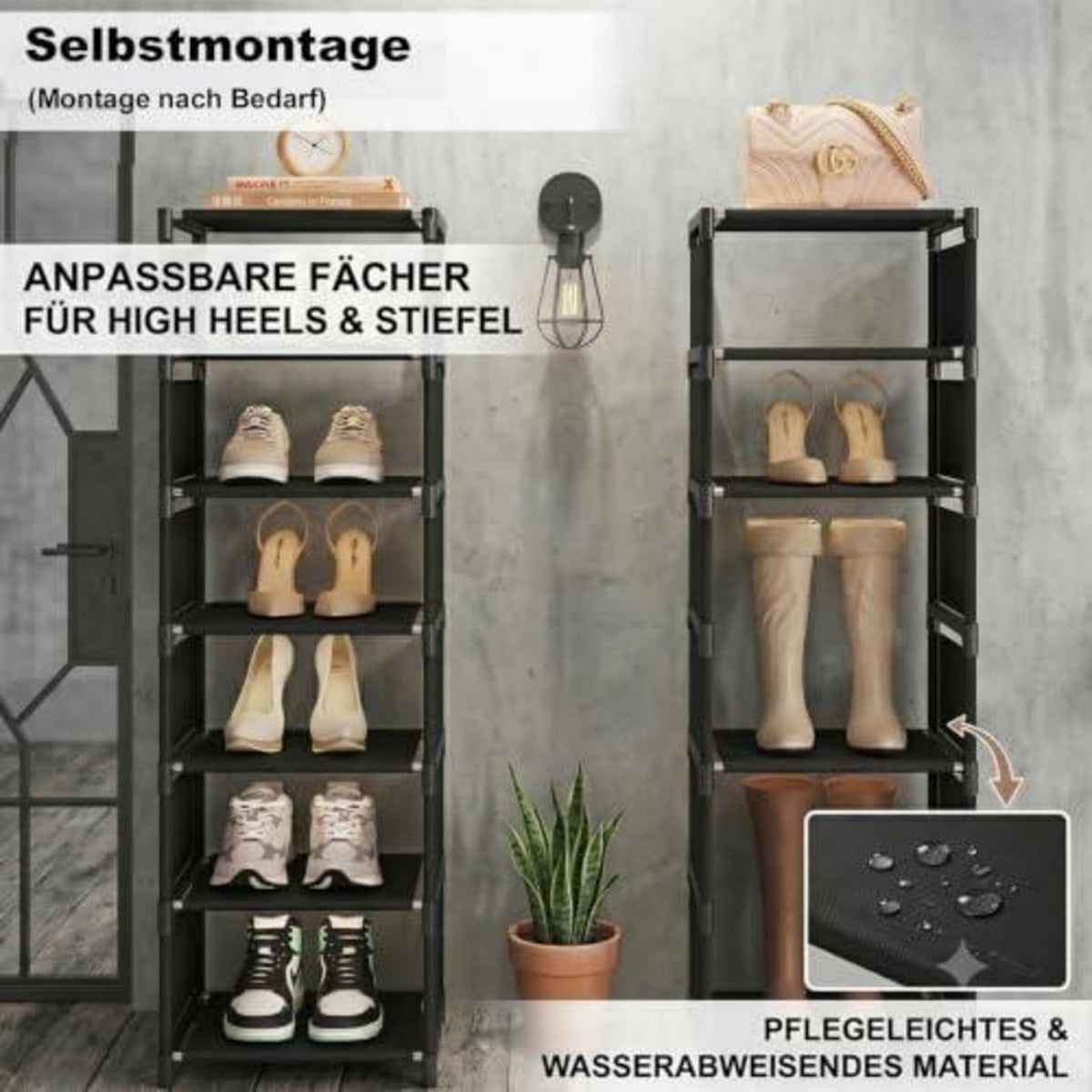 Schuhregal schmal & hoch | 8 Ebenen, Schwarz | Langlebig & einfach aufzubauen