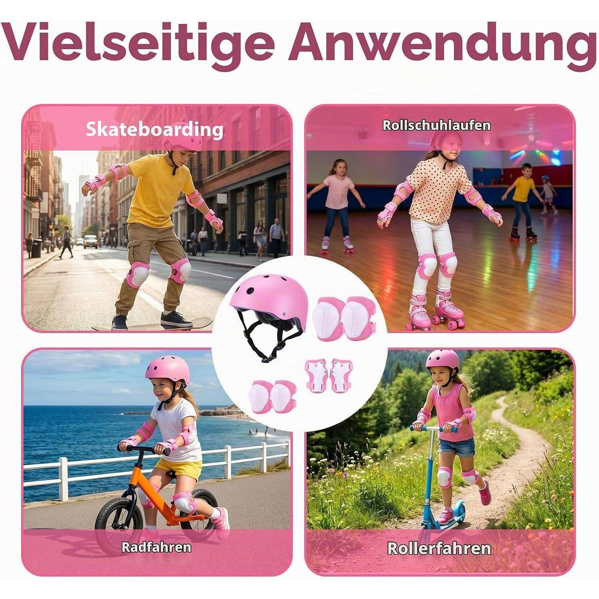Knieschoner Set Kinder 3-10 Jahre mit Helm & Zubehör Rosa